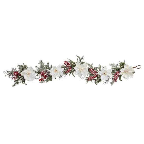 Nearly Natural 60 in. Frosted Magnolia and Berry Artificial Garland