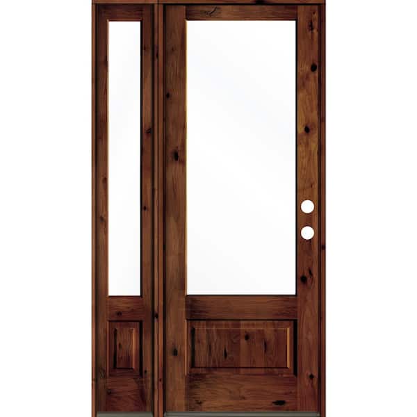 Krosswood Doors 50 in. x 96 in. Knotty Alder Left-Hand/Inswing 3/4 Lite Clear Glass Red Chestnut Stain Wood Prehung Front Door w/LSL