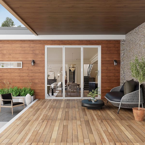 96 in. x 96 in. Right Swing/Outswing Double Tempered Glass White Aluminum Folding Patio Door