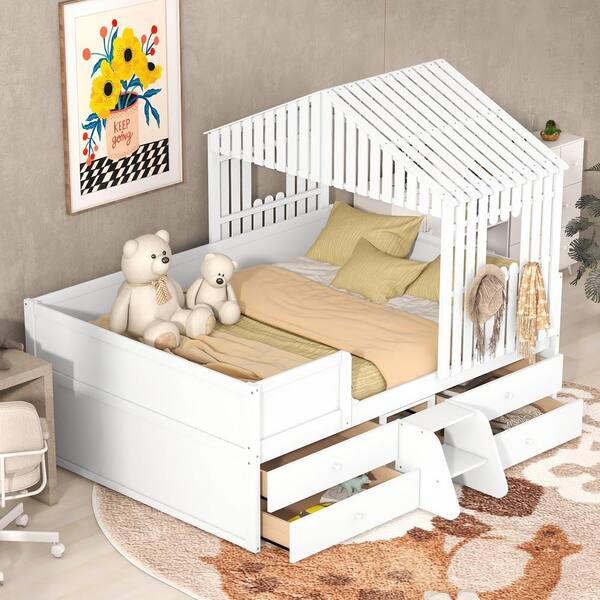 URTR White Full Size House Low Loft Bed with Four Drawers, Wooden Bed Frame with Roof & Windows for Kids
