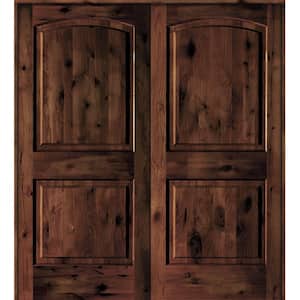 64 in. x 80 in. Knotty Alder 2-Panel Universal/Reversible Red Mahogany Stain Wood Double Prehung Interior Door