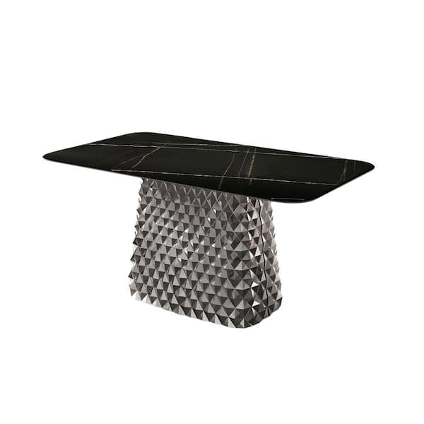 Modern Rectangle Black Lauren Blackstone Top 70.87 in. Stainless Steel Hydrographic Mirror Pedestal Dining Table 8 Seats