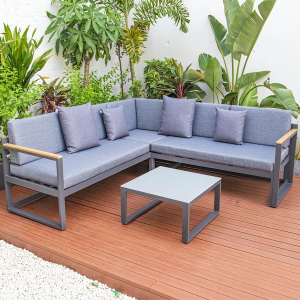 Leisuremod Chelsea Modern Black 3-Piece Patio Sectional Seating Set With Adjustable Headrest & Coffee Table With Blue Cushions