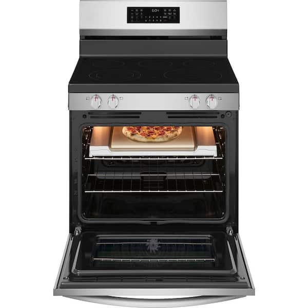 30 in. 5 Element Free-Standing Rear Control Electric Range in Black Stainless Steel with Stone-Baked Pizza