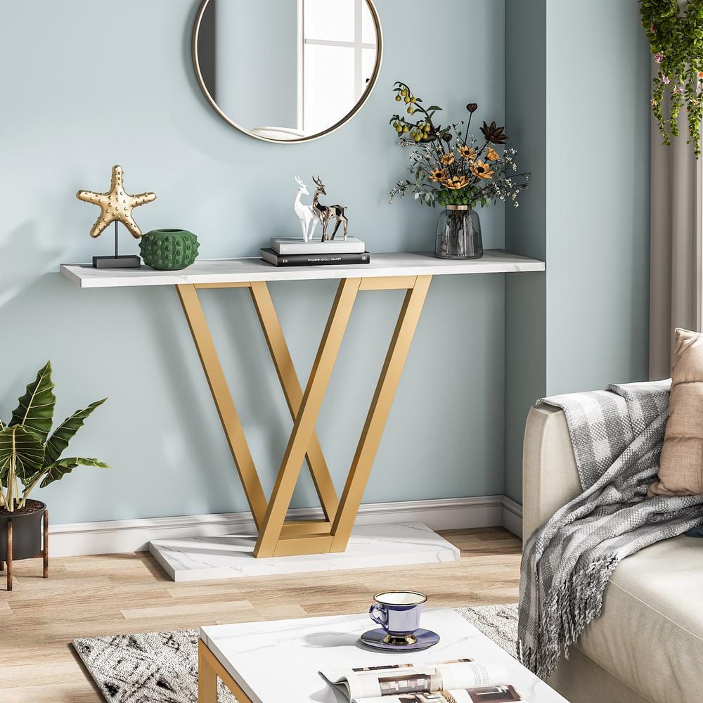 Gold and White Faux Marble Console Table with V-Legs