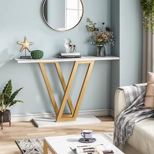Turrella 43 in. Faux Marble White 32in. Height MDF Gold Console Table, Modern Hallway Table for Entryway, Sofa Table