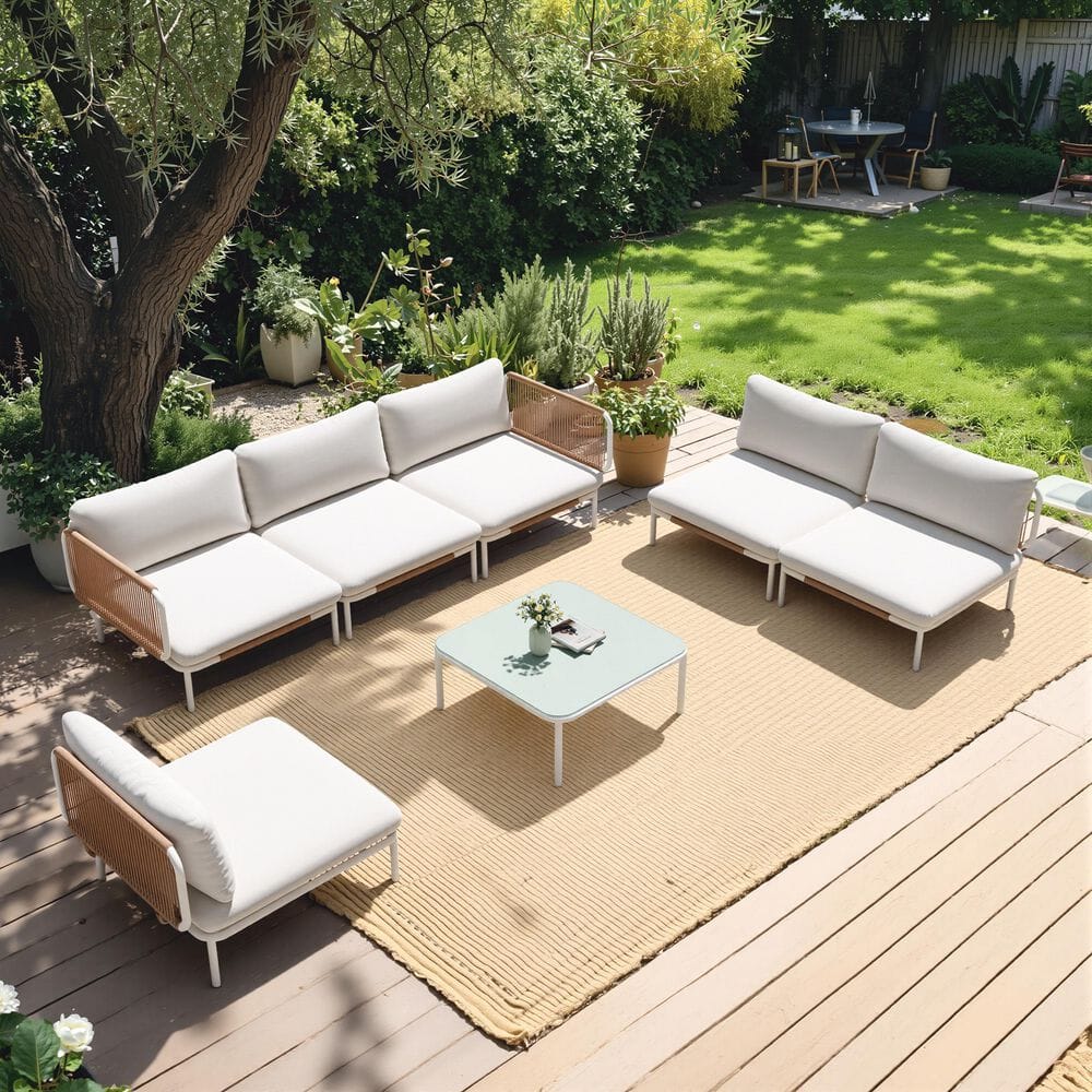 7-Piece Metal Patio Outdoor Conversation Set Sectional Sofa with Supportive Cushion Table Armrest in Beige for Courtyard
