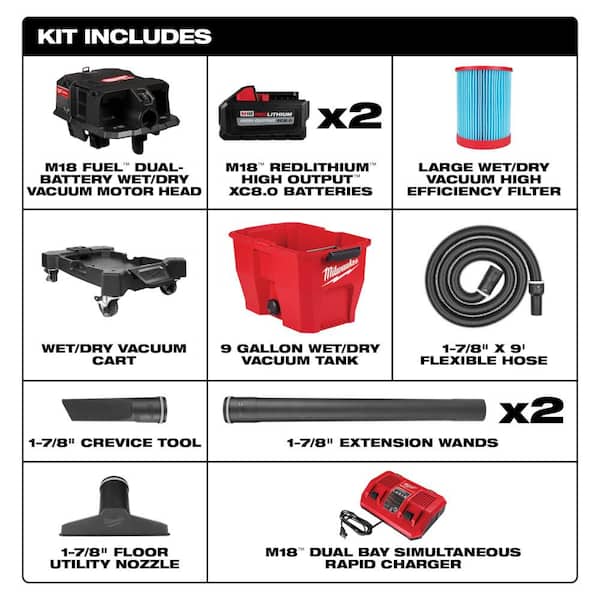 M18 FUEL 9 Gal. Cordless DUAL-BATTERY Wet/Dry Shop Vacuum Kit with (2) 8.0 ah Batteries, Filter, Hose, and Accessories