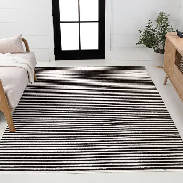 Aarhus High-Low Minimalist Scandi Striped Black/White 8 ft. x 10 ft. Area Rug