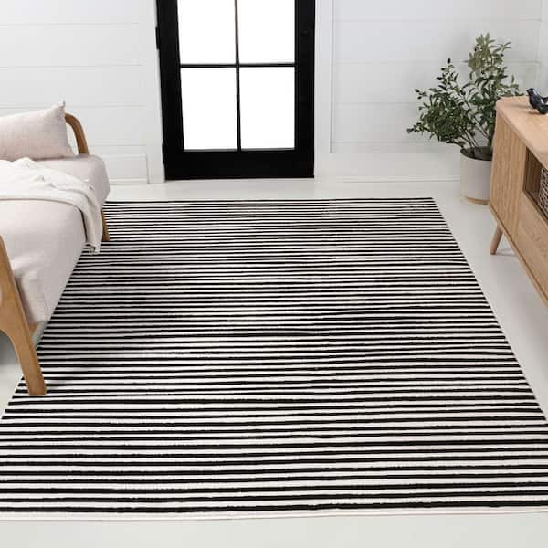 Aarhus High-Low Minimalist Scandi Striped Black/White 8 ft. x 10 ft. Area Rug