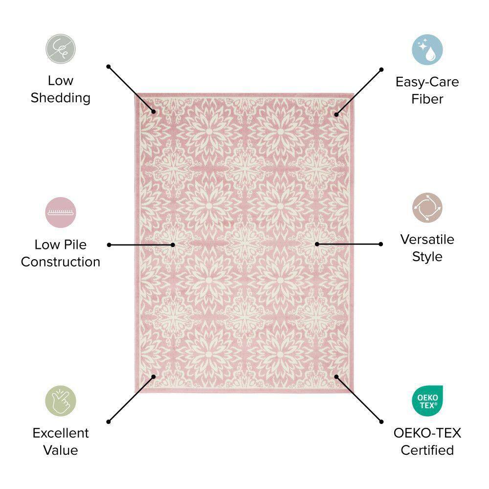 Jubilant Ivory and Pink Round Synthetic Area Rug, 5'3"
