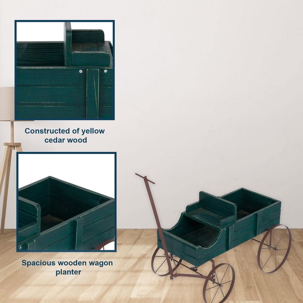 Green Cedar Wood Decorative Wagon Planter for Outdoor Plants