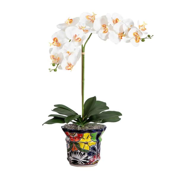 Nearly Natural 26in. White Artificial Double Orchid Arrangement in Handmade Mexican Talavera Ceramic Planter