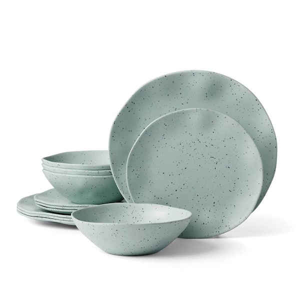Terrazzo Melamine Mint 12-Piece White Melamine Dinnerware (Set Service For 4)