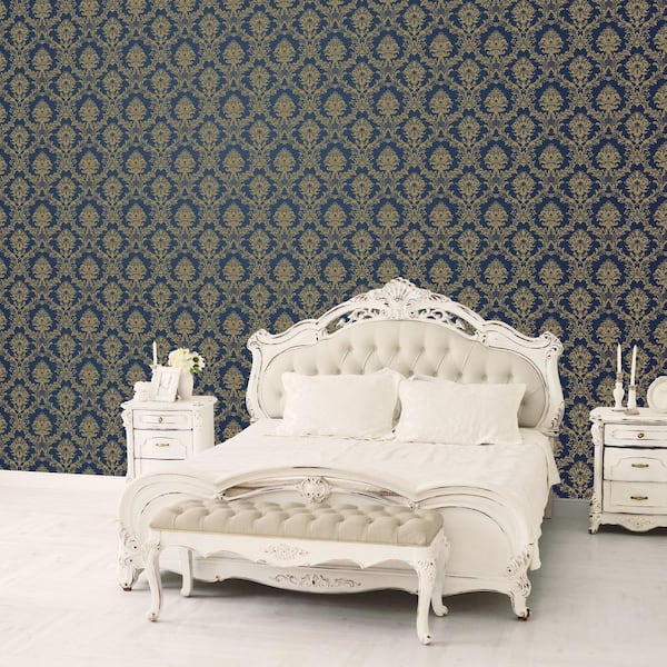 Classic Damask Wallpaper in Navy and Gold