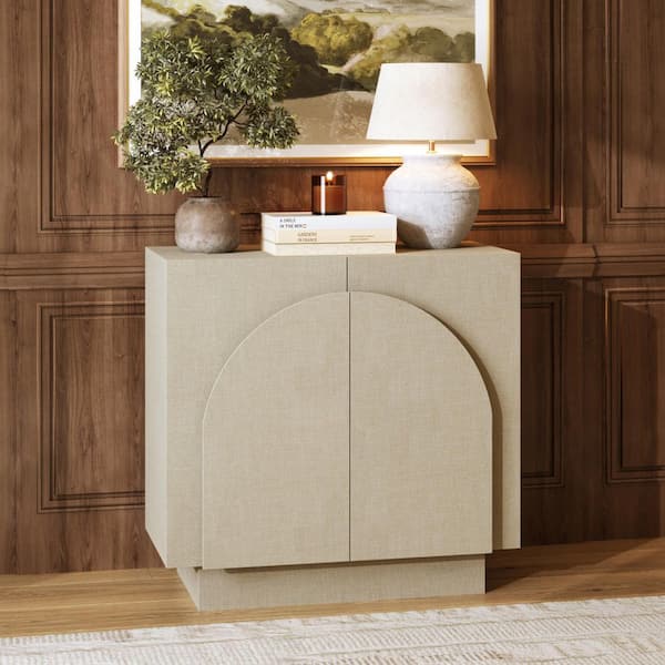 Iris Beige Linen 31 in. Mid-Century Modern Wooden Credenza or Accent Cabinet with Adjustable Shelf and Arched Doors