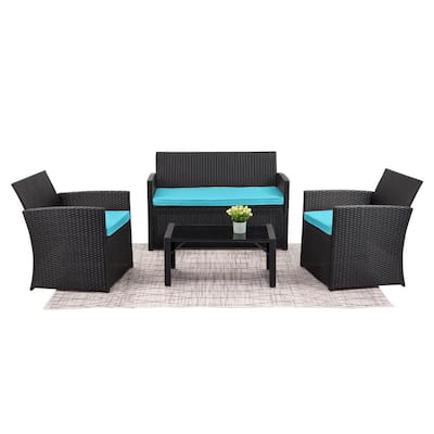 Black 4-Piece Rattan Polyethylene Resin Wicker Patio Conversation Set with Blue Cushions