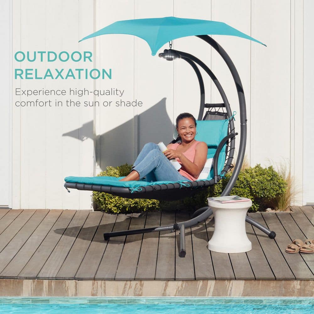 Teal Hanging LED-Lit Curved Chaise Lounge Chair with Canopy and Stand