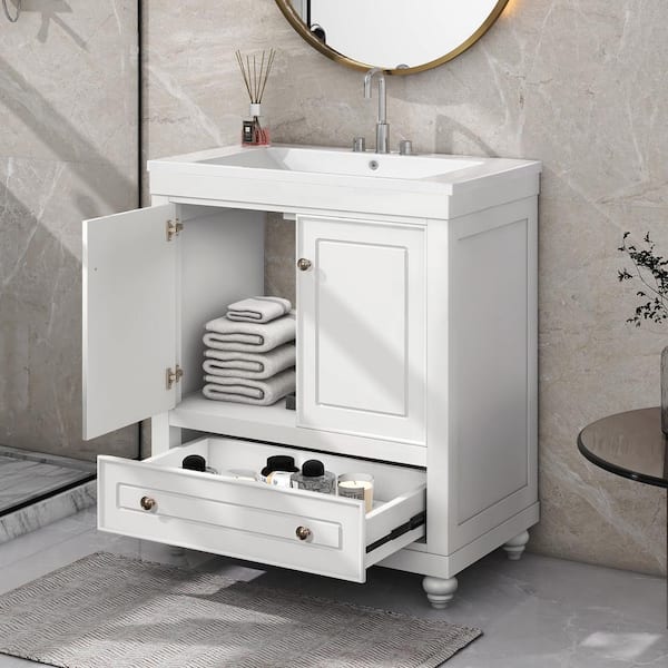 30 in. W x 18 in. D x 34.88 in . H Freestanding Bath Vanity in White with White Ceramic Top Basin