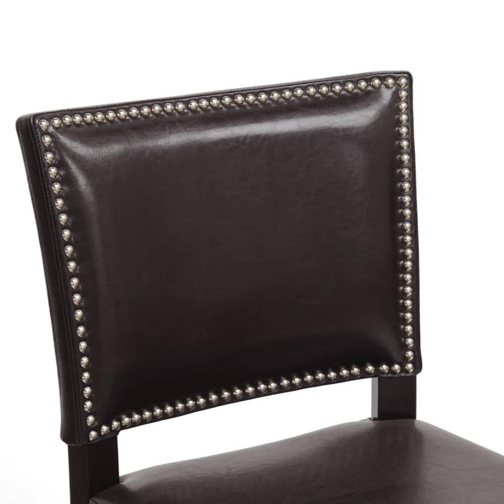 Set of 2 Dark Brown Faux Leather Bar Stools with Nail Head Trim