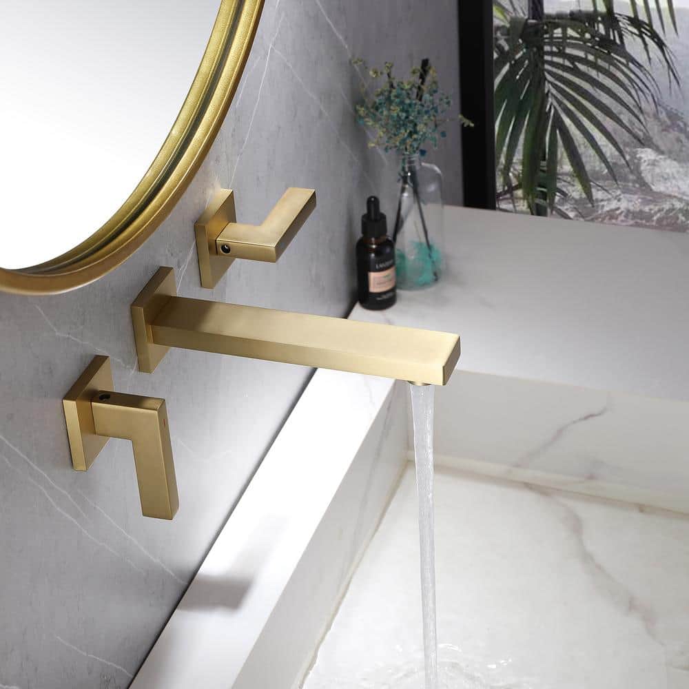 Brushed Gold Wall-Mount 2-Handle Bathroom Faucet