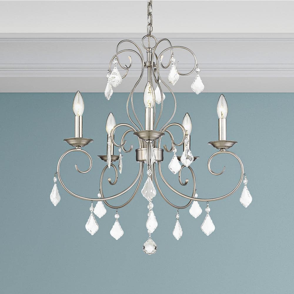 Mini Elegance 5-Light Brushed Nickel Chandelier with Clear Crystal Drops