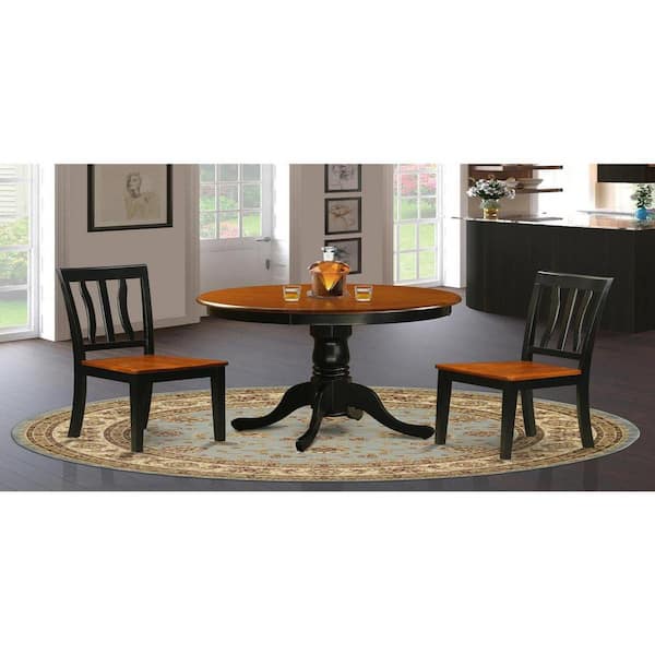 East West Furniture 3-Piece Round Black Finish Solid Wood Top Dining Table with 2-Chairs with Lattice Back