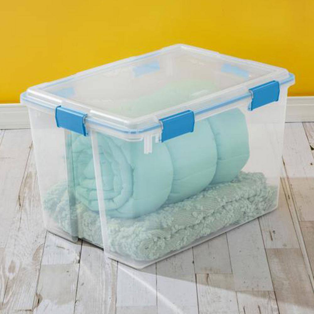 Clear Plastic Stackable Storage Bins with Blue Latching Lid, 80 Qt, 4 Pack