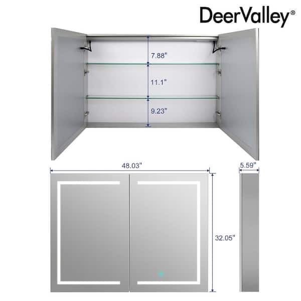 DEERVALLEY 48 in. W x 32 in. H Rectangular Silver Aluminum Surface LED Light Medicine Cabinet with Mirror, Anti-Fog, Double Doors
