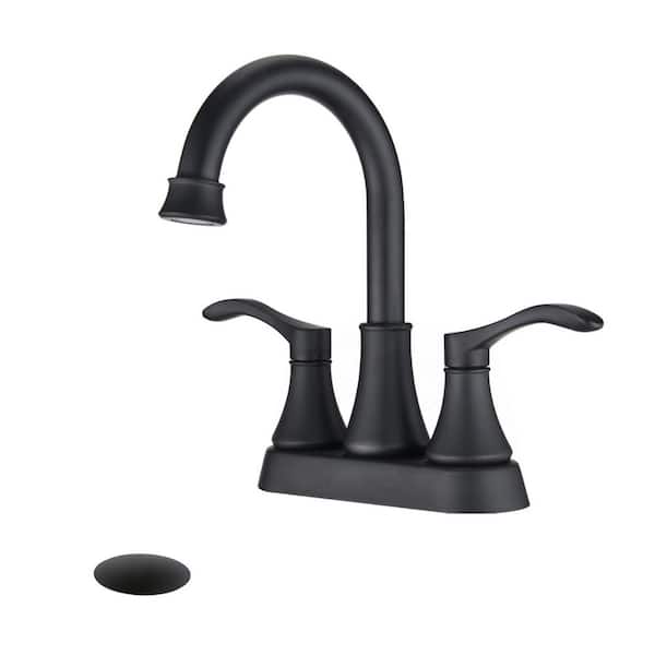 4 in. Centerset Double Handle High Arc Bathroom Faucet with 360° Swivel Spout and Pop Up Drain in Matte Black