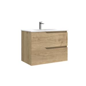 Menta 32 in. W x 18.1 in. D x 23.8 in. H Single Sink Wall Mounted Bath Vanity in Natural Oak with White Ceramic Top