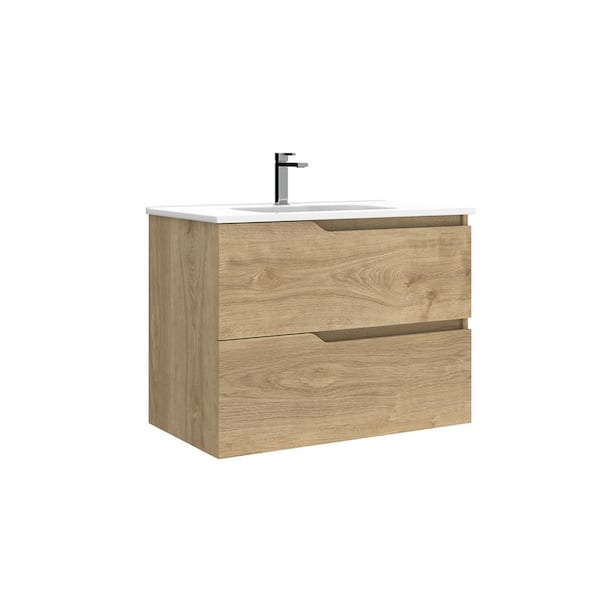 WS Bath Collections Menta 32 in. W x 18.1 in. D x 23.8 in. H Single Sink Wall Mounted Bath Vanity in Natural Oak with White Ceramic Top