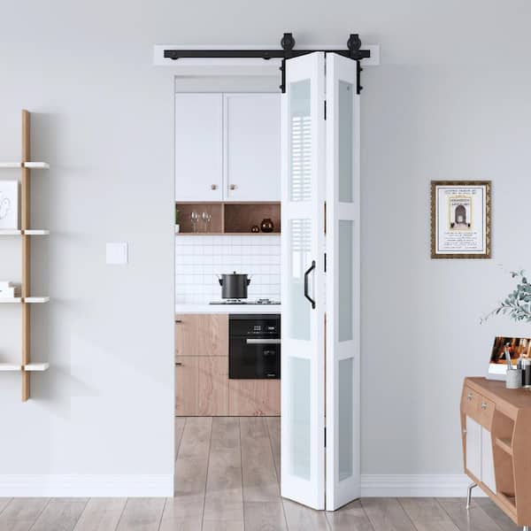 36 in. x 84 in. 3-Lite Tempered Frosted Glass Solid Core White Finished MDF Wood Bi-Fold Door with Hardware Kit
