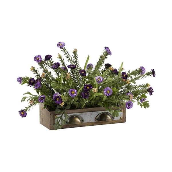 D&W Silks Indoor Purple Wild Flowers in Wooden Drawer