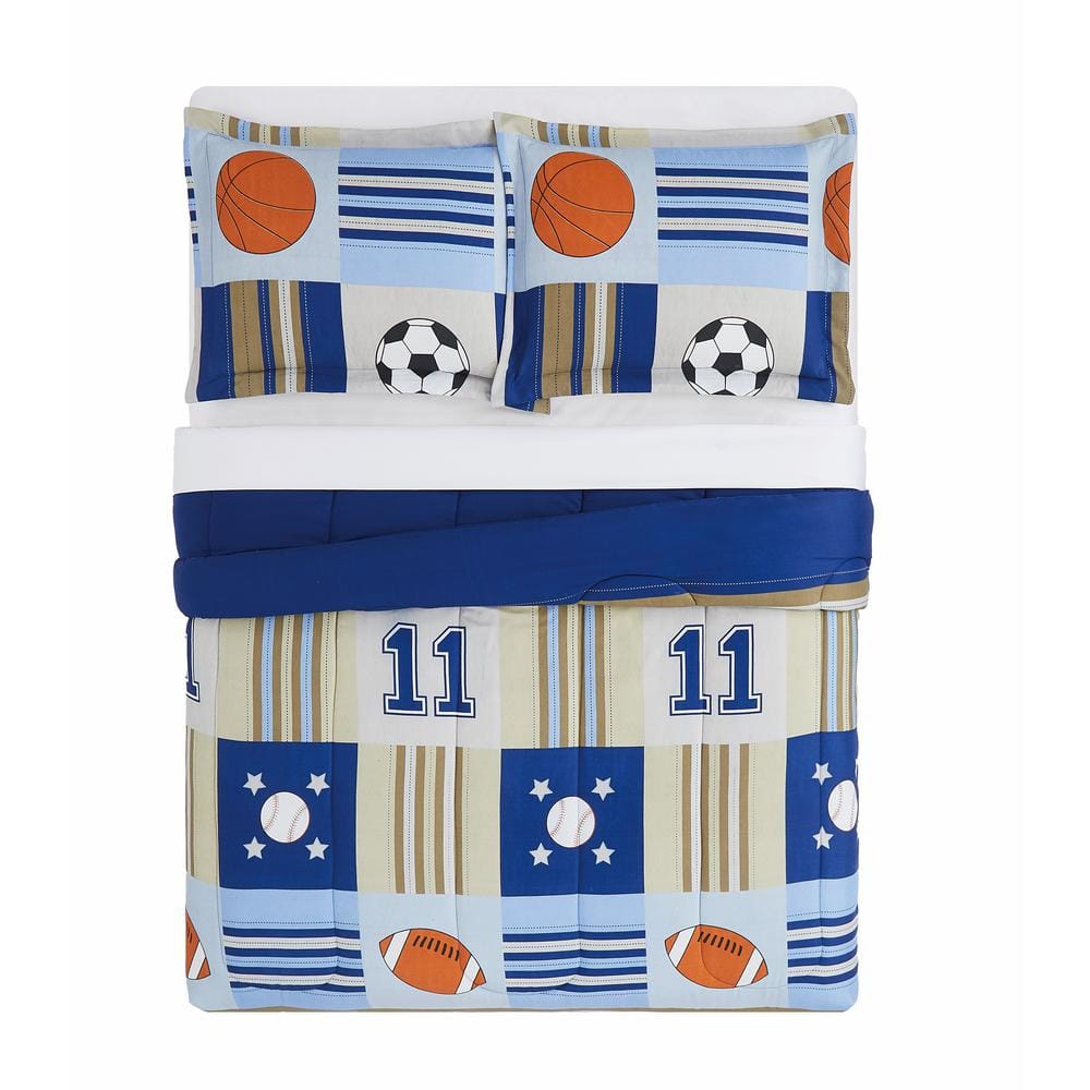 Blue and Beige Sports Theme Twin Microfiber Comforter Set