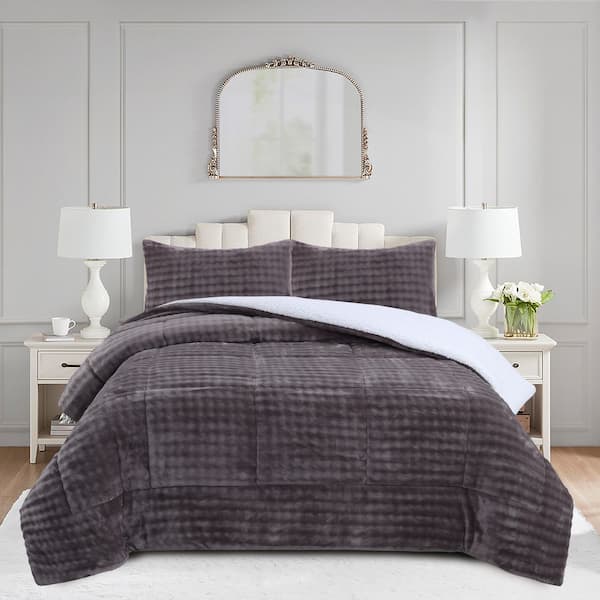 MarCielo ME547 Wolf Grey Bubble Queen Size Polyester Flannel Sherpa Comforter Set