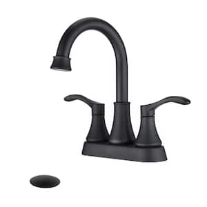 4 in. Centerset Double Handle 360°Swivel Spout High Arc Bathroom Faucet with Pop Up Drain in Matte Black