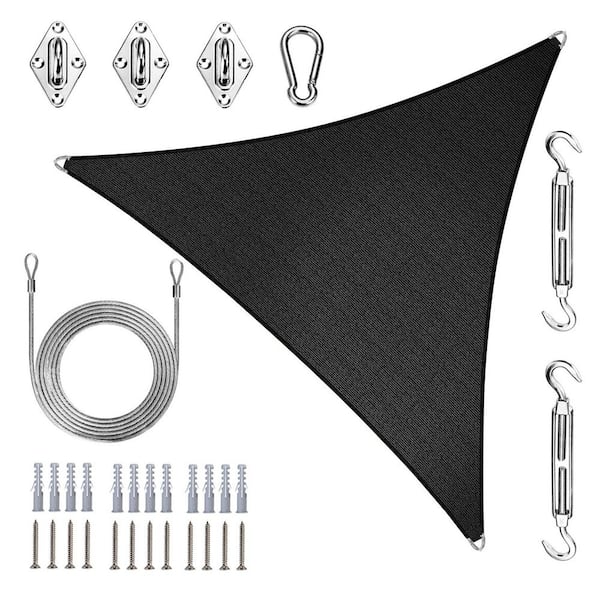 COLOURTREE 12 ft. x 12 ft. x 12 ft. Triangle Pro Ring Sun Shade Sail with Hardware Kit and Rope-Black