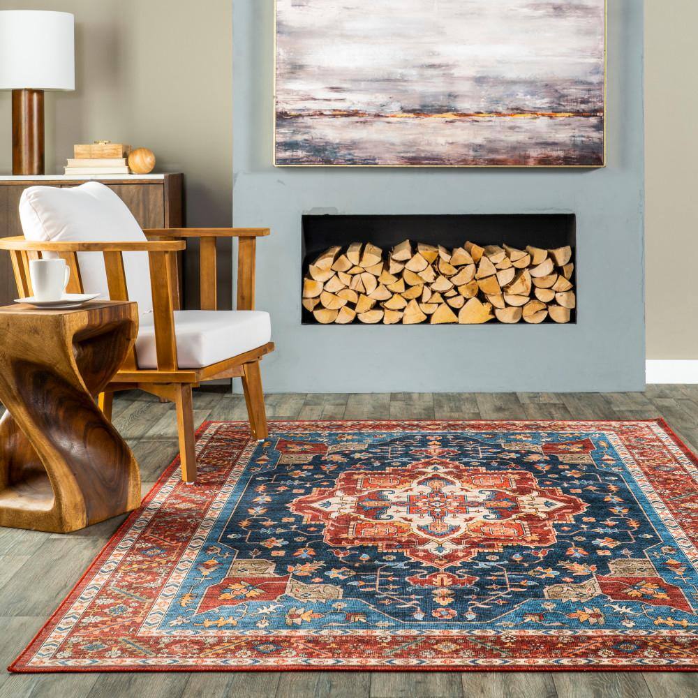 Hera Blue and Red Medallion Washable Synthetic Area Rug