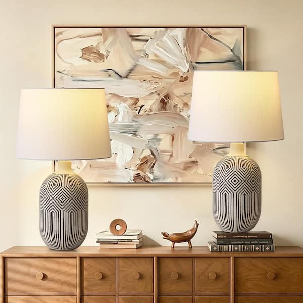 23 in. 1-Light Modern Geometric Ceramic White Finish Table Lamp with Fabric Shade for Living Room and Bedside (Set of 2)