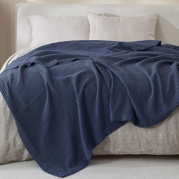 FRESHFOLDS Blue 100% Cotton Full/Queen Lightweight Waffle Weave Blanket