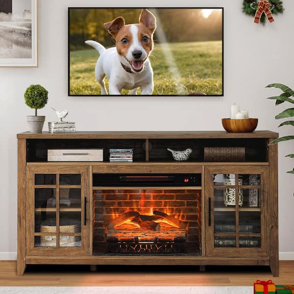 55 in. Freestanding Electric Electric Fireplace TV Stand with 23 in. Fireplace Insert, KD Inserts Heater in Barnwood