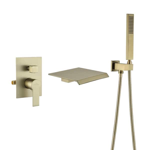Single-Handle Wall Mount Roman Tub Faucet with Hand Shower in Brushed Gold