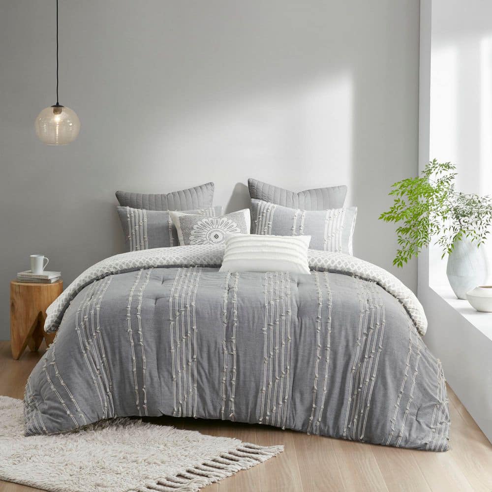 Gray Full Cotton Jacquard Reversible Bedding Set