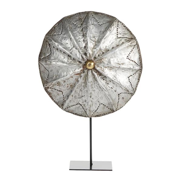 Litton Lane Large Round Hand-Carved Silver Baobab Wood Shield on Metal Display Stand