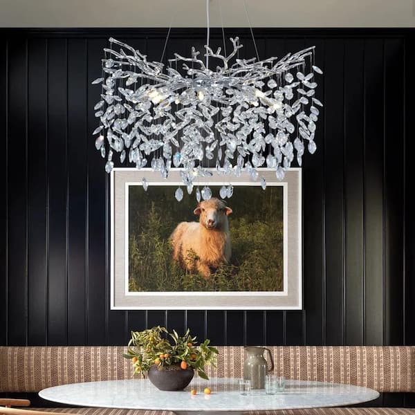 10-light 30 in. Crystal Silver Tree Branches Dimmable Chandelier Living Room,High Ceiling,Foyer,Entryway,Kitchen Island