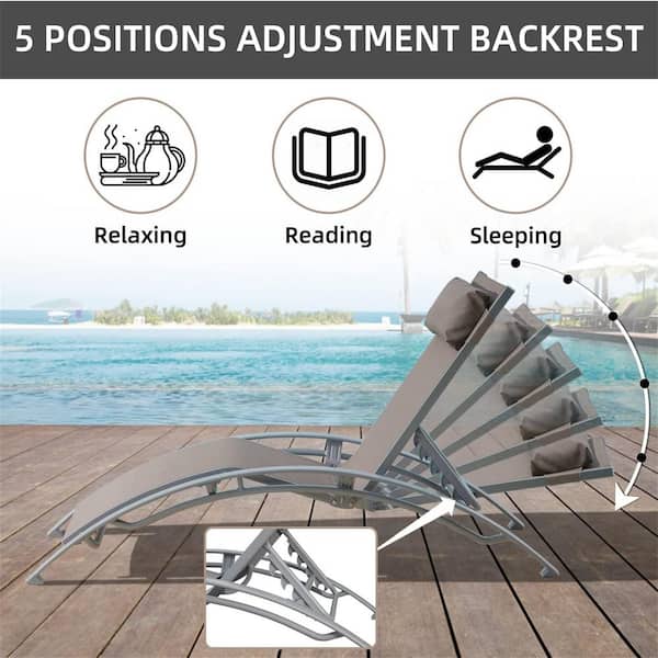 Adjustable Pool Lounge Chair Aluminum Outdoor Lounge Chairs with Metal Side Table All Weather in Khaki Set of 3