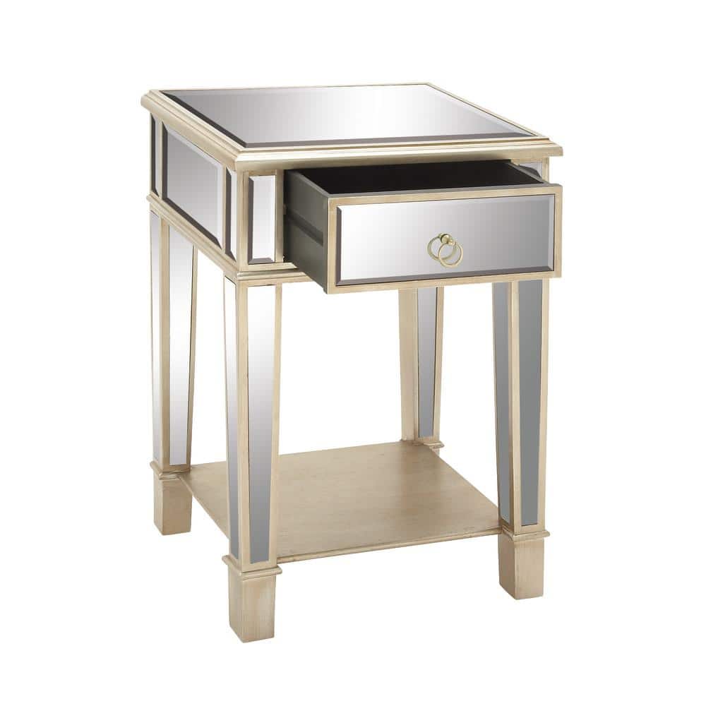 Beige Mirrored Fir Wood Accent Table with Storage