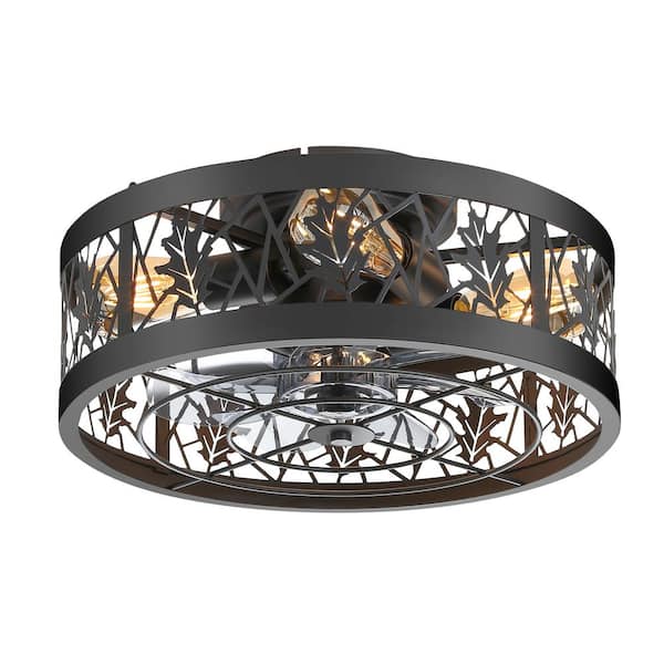 Breezary 16.5 in. Indoor Matte Black Caged Flush Mount Ceiling Fan with Leaf-Style Light Kit and Remote Control Included