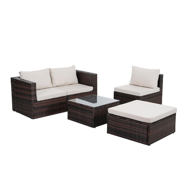 Sudzendf 4 Piece Patio Furniture Outdoor Furniture Seasonal PE Wicker Furniture with Beige Cushions